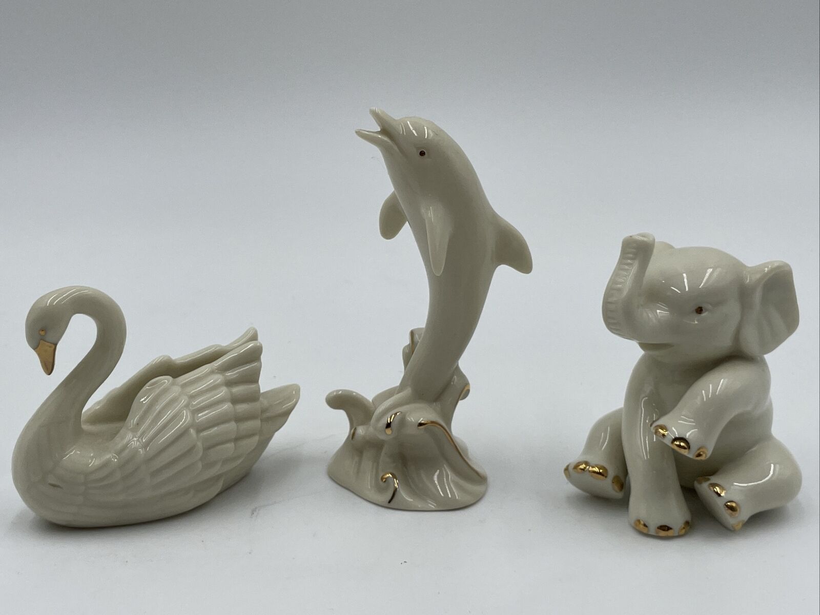 3 Vintage Lenox Figurines Swan Dolphin Elephant 24K Gold China Full Set Animal