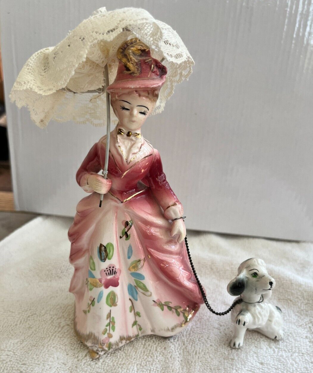 Vintage Bone China / Porcelain Lady with Parasol walking Poodle
