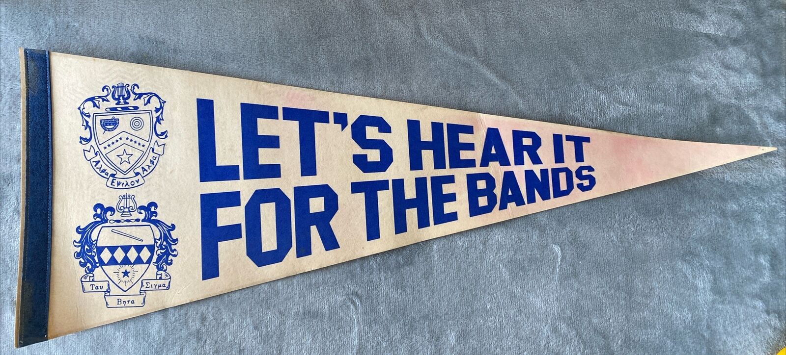 Vintage “Let’s Hear It For The Bands” Felt Pennant 12”x30” White Blue