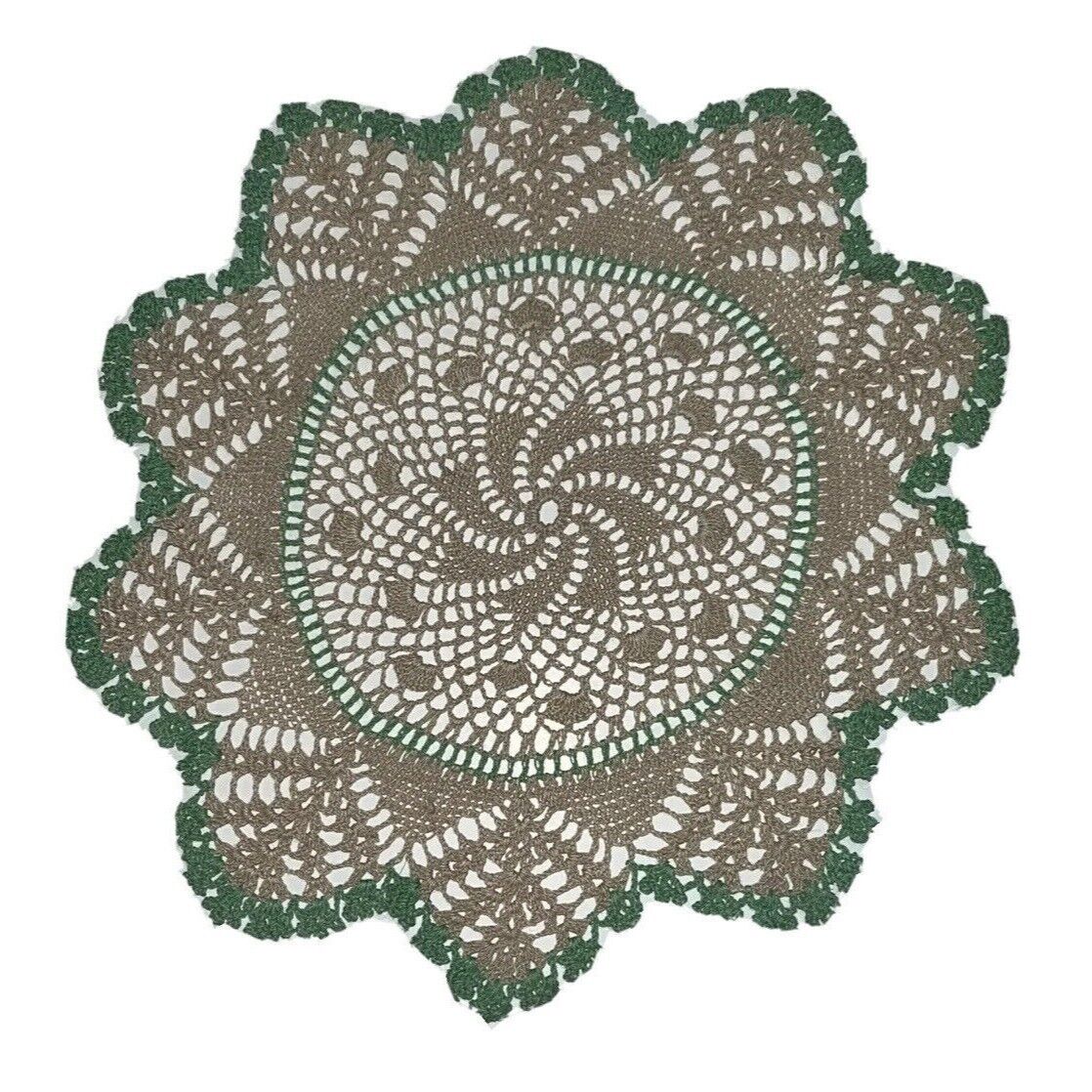 Vintage Estate Handmade Circle Crochet Doily Doilies Scalloped Green & Ivory 8”