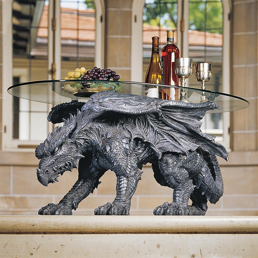 Glass-Topped Fierce Dragon Sculptural Coffee Centerpiece Hand Painted Table