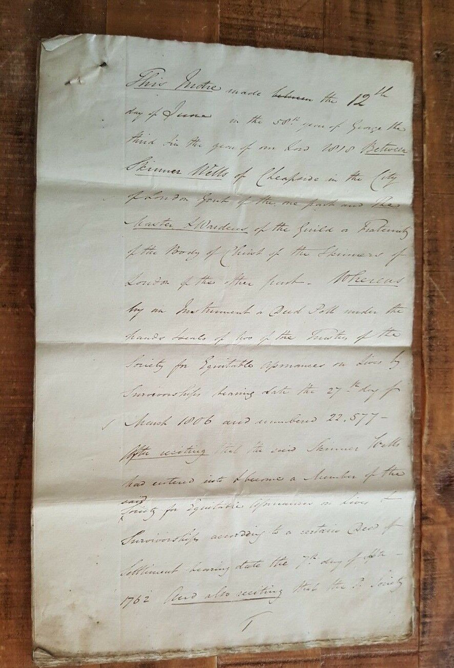 ANTIQUE Hand Written English Deed - 12 June 1818 - The Skinners Comp. Kent Co.