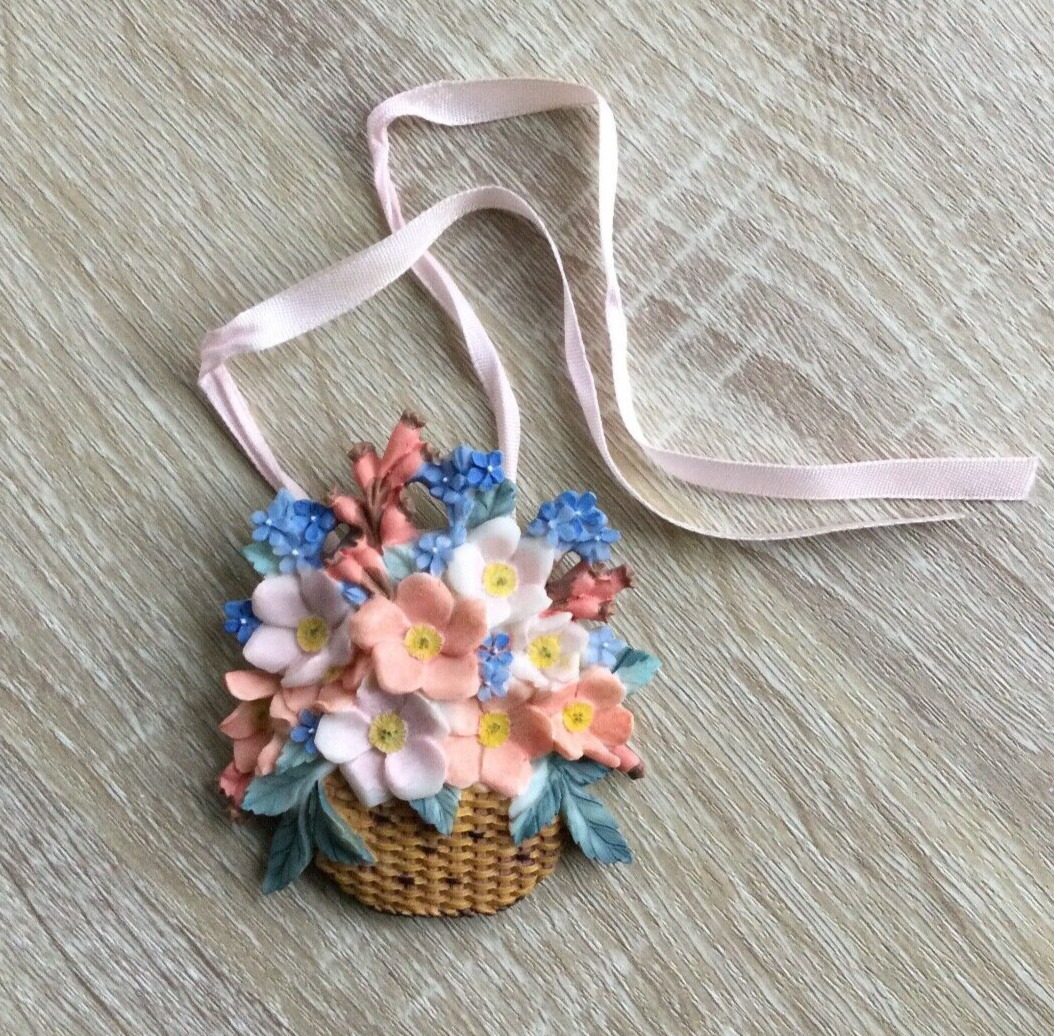 Longaberger Spring Summer Basket of Pink Blue Flowers Porcelain Ceramic Tie-On