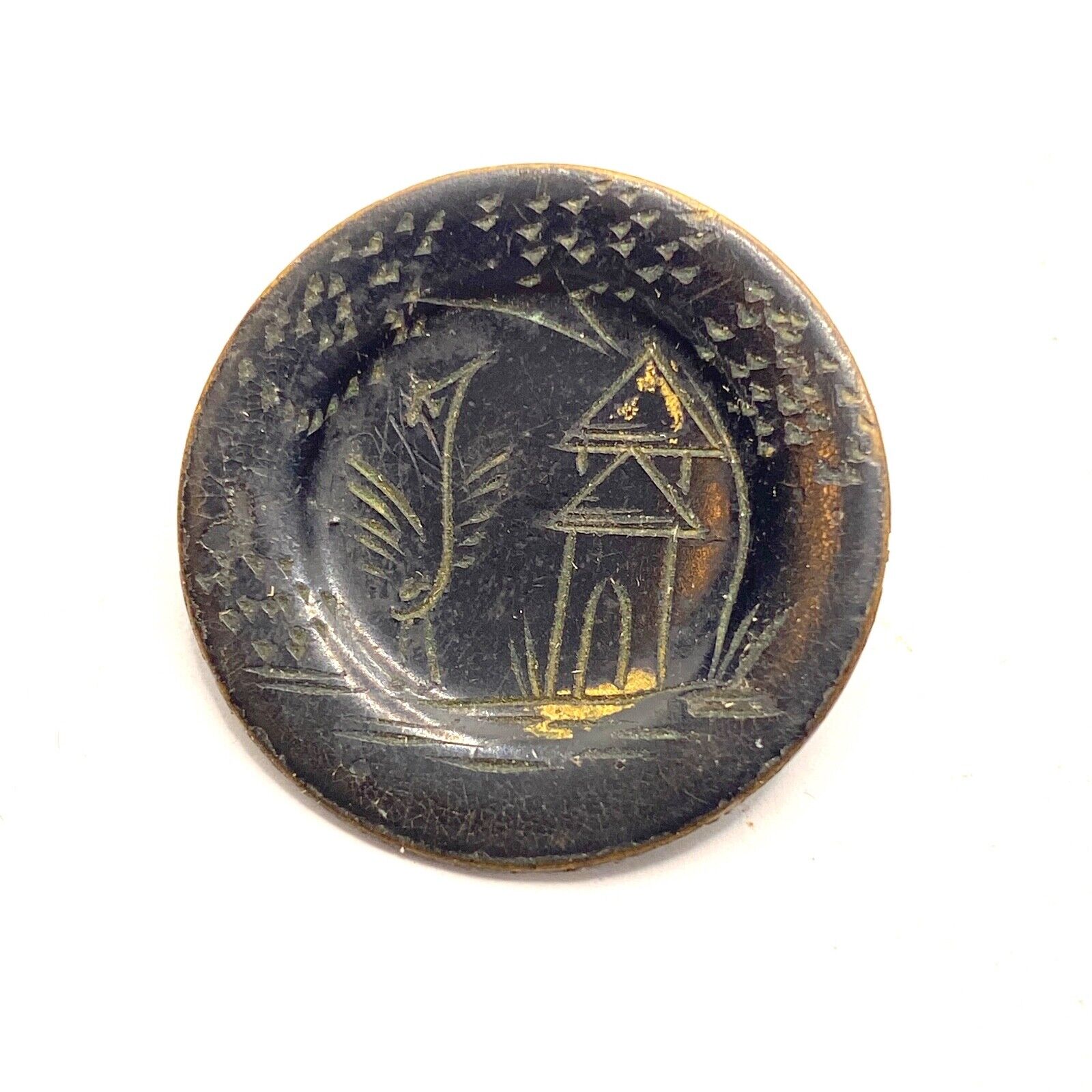 Painted tole tin button with house and birds in marsh c1815 20mm