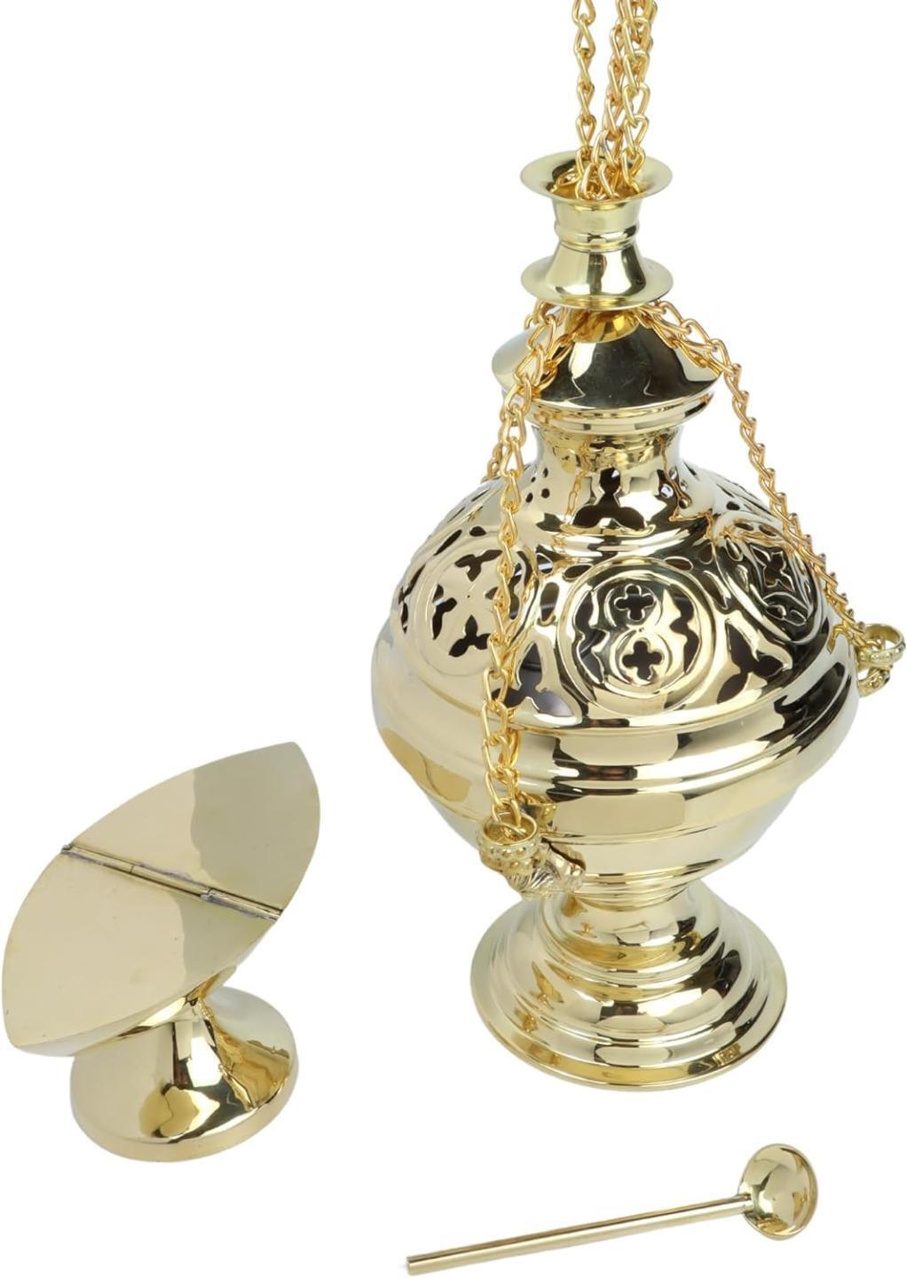 Polished Brass Large Round Censer Incense Burner With Boat and Spoon 10 In
