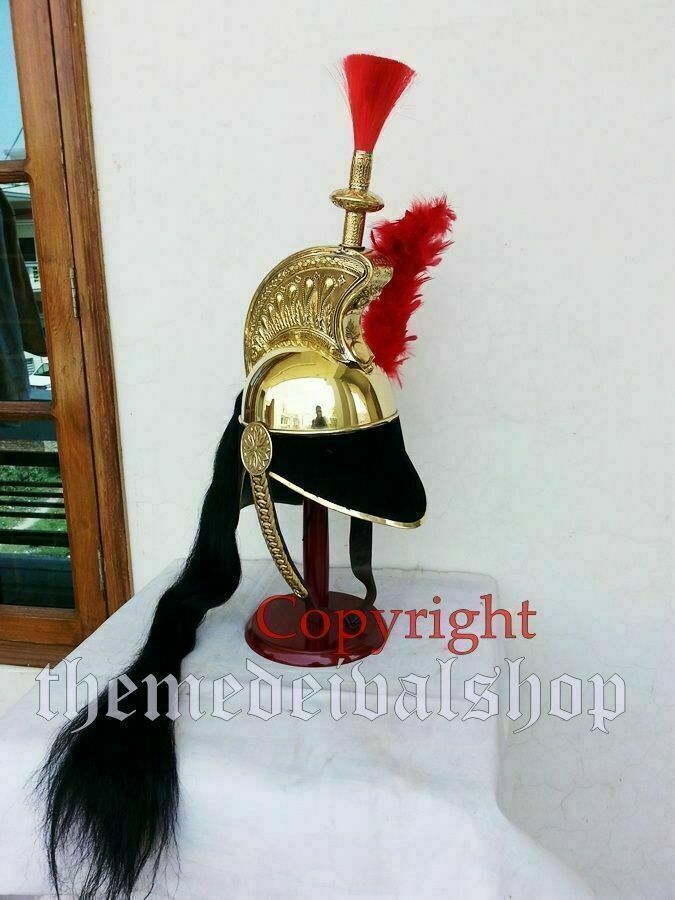 French Cuirassier Officer\'s Napoleon Style Brass Helmet W/ Working Head Red Gift