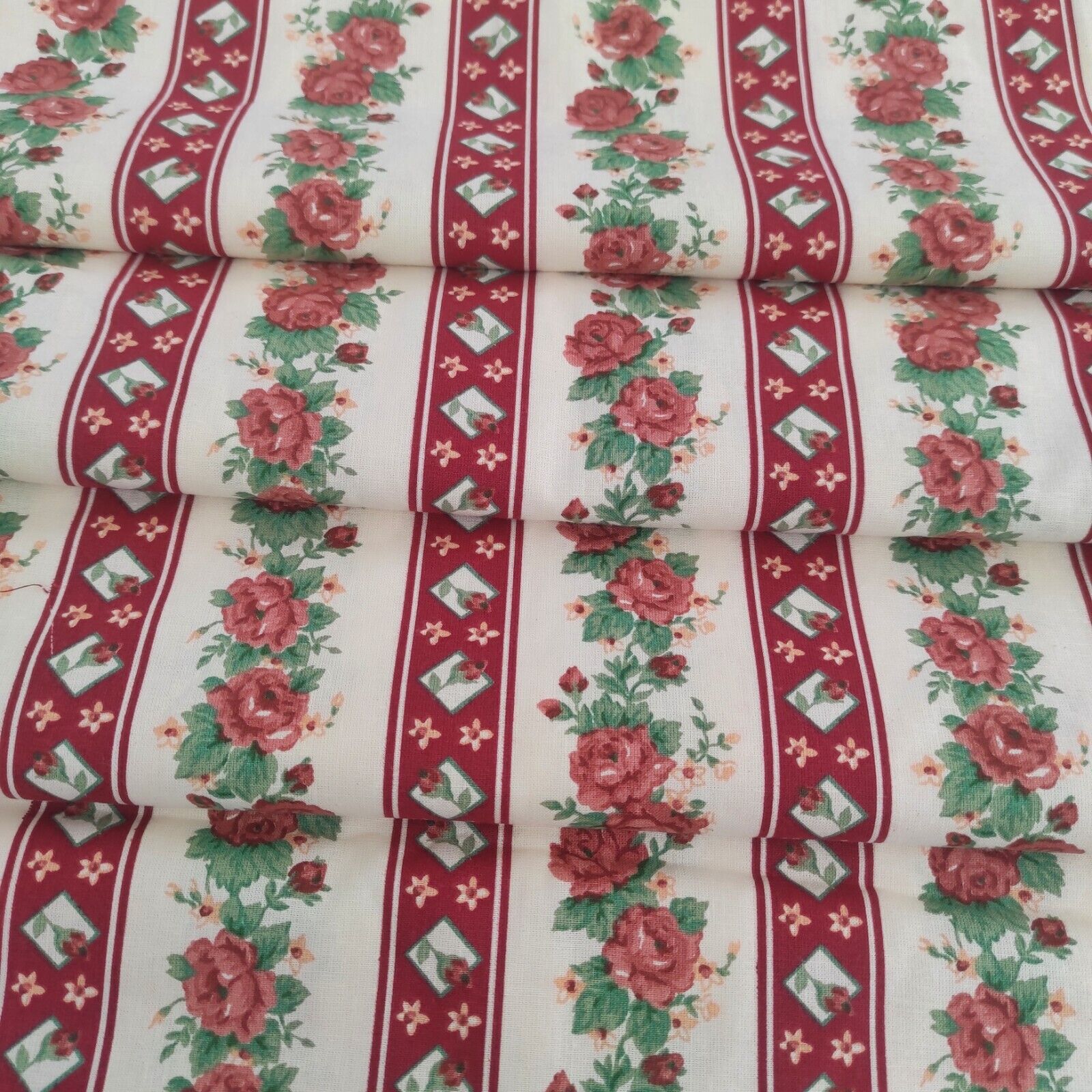 Vintage green red striped roses cotton floral fabric Sewing Quilting and Craft