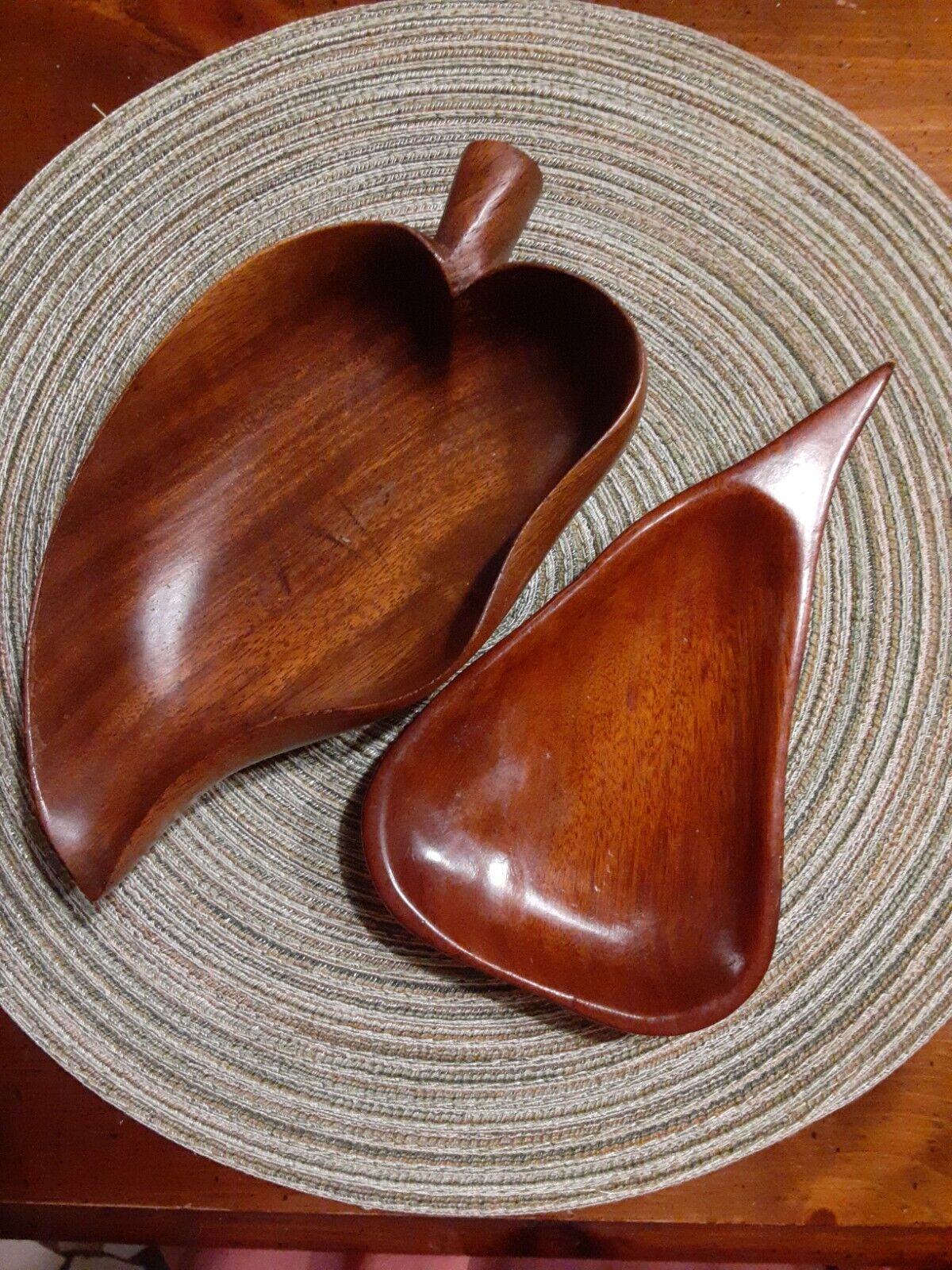 Lot of 2 Vintage Leaf Pear Wood Dish Bowl Table Decor Bohemian Boho Decor MCM