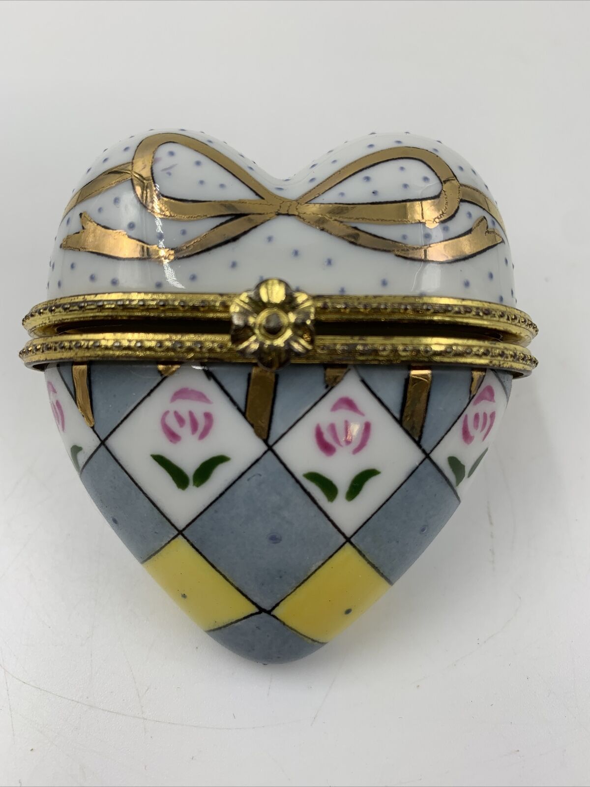 Vintage Hand painted Ceramic Heart Trinket Floral Checked Pattern W/Gold Trim