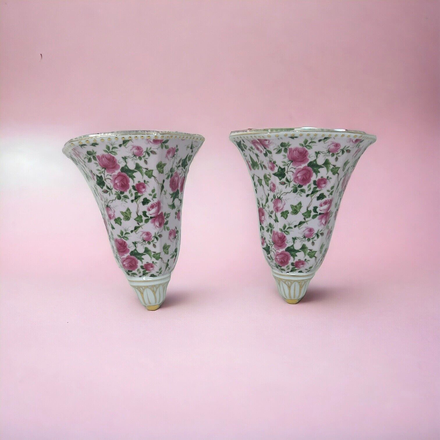 Formalities Baum Bros Wall Pocket Vases Victorian Rose Chintz Porcelain Set of 2
