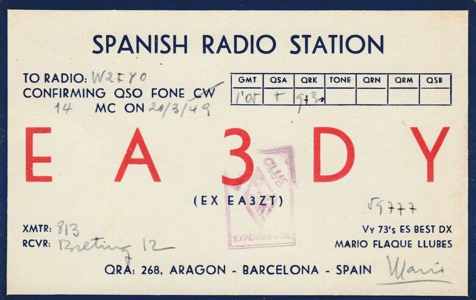 Vintage QSL Radio  Postcard  SPANISH RADIO STATION BARCELONA  MARCH 20 1949