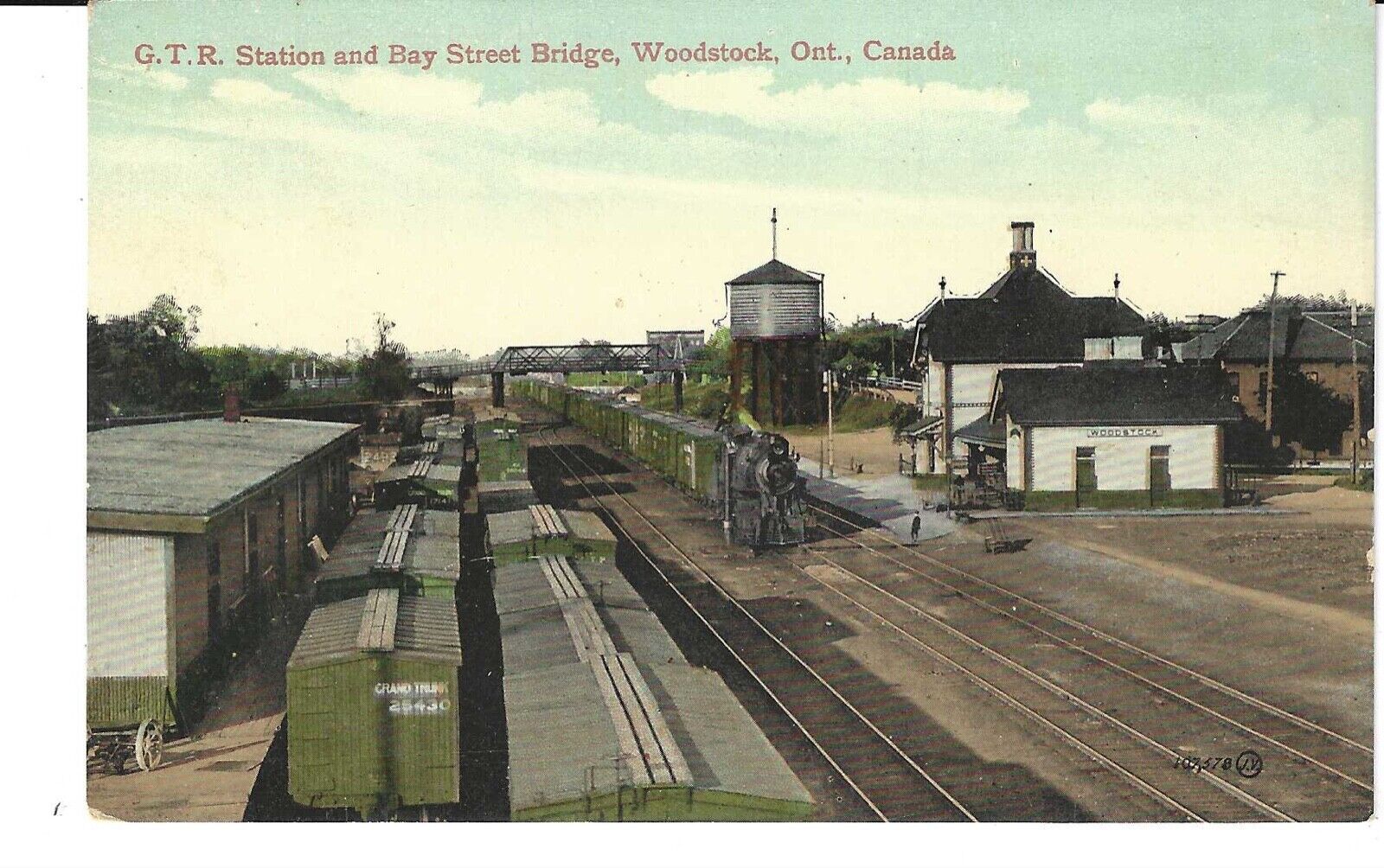 WOODSTOCK, ONTARIO, CANADA POSTCARD G.T.R. STATION & BAY STREET BRIDGE Railroad