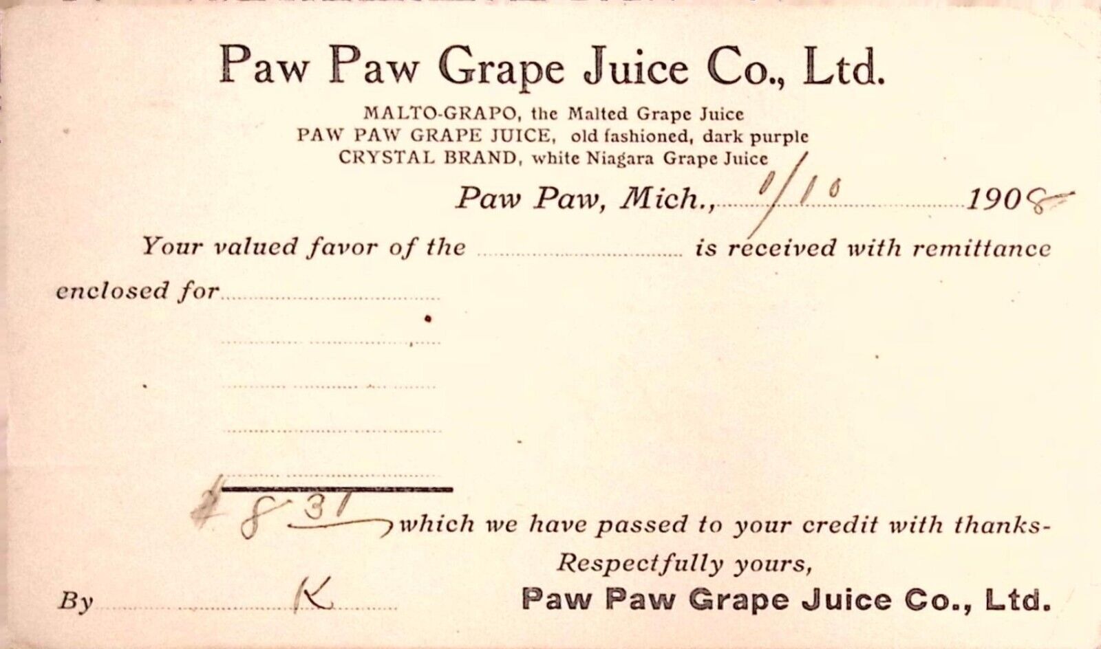 Paw Paw Grape Juice Co. 1908 Michigan Postal Card Purchase Receipt