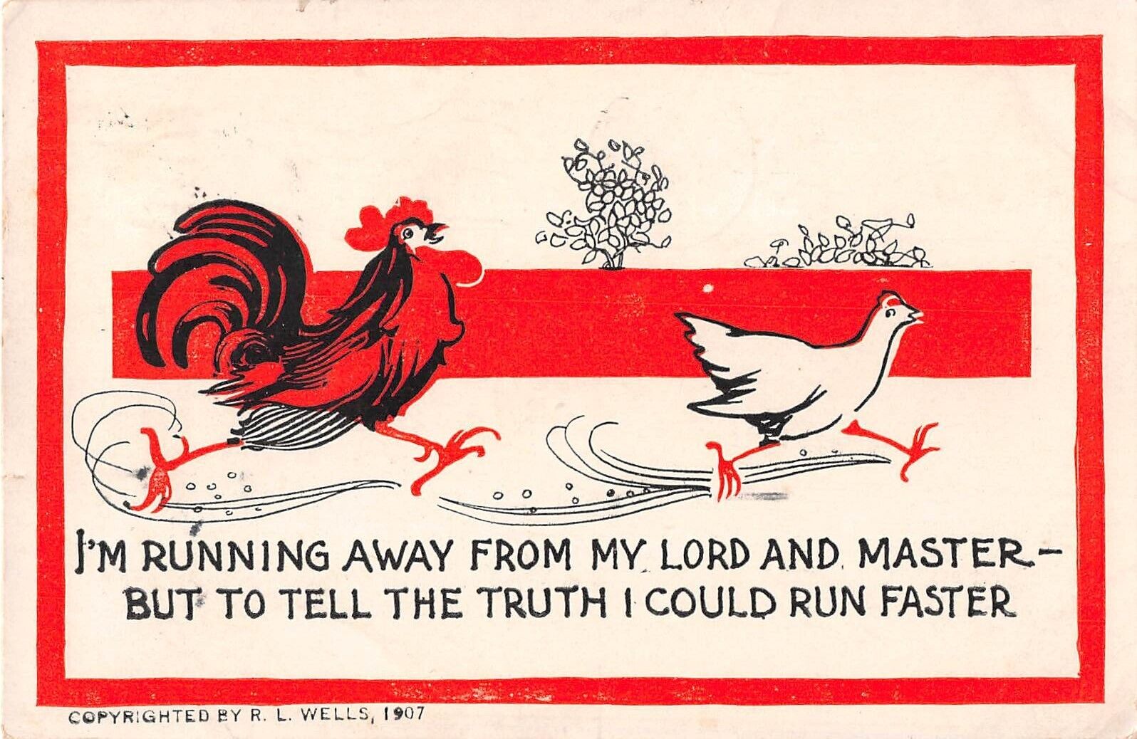 1907 Comic Postcard of Rooster Chasing a Hen-Running Away From My Lord & Master