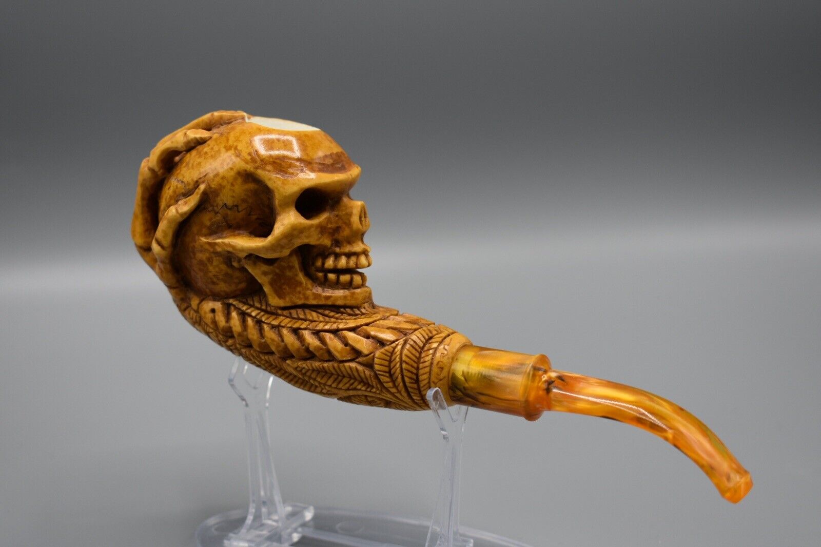 XL Skeleton Hand Holds Reverse Skull Block Meerschaum-NEW HANDMADE W CASE#1432