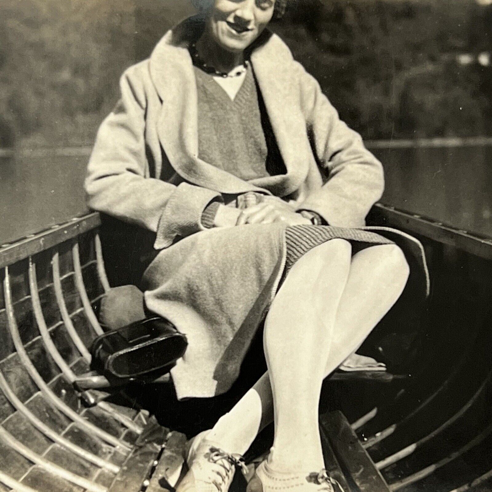 Vintage Snapshot Photograph Woman In Boat Beautiful Legs Abstract