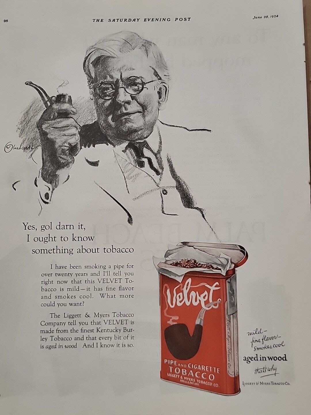 1924 Velvet Joe Tobacco S. E. Post Print Ad Pipe Red Liggett & Myers Cigarette