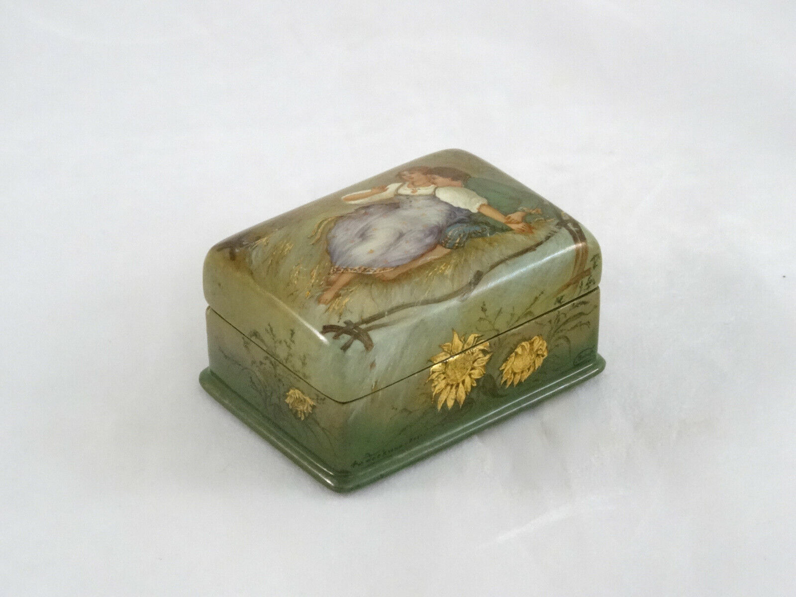 Russian Enamel Miniature Lacquer Trinket Jewelry Box Signed