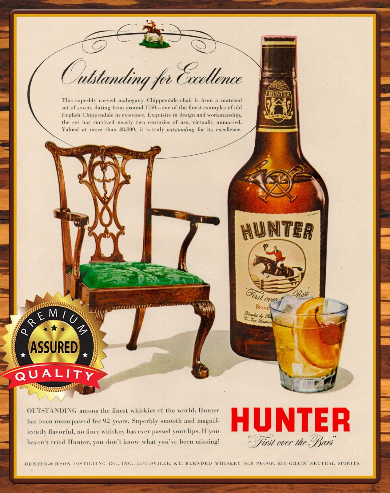Hunter - Blended Whiskey - Outstanding - Restored 1950s - Metal Sign 11 x 14