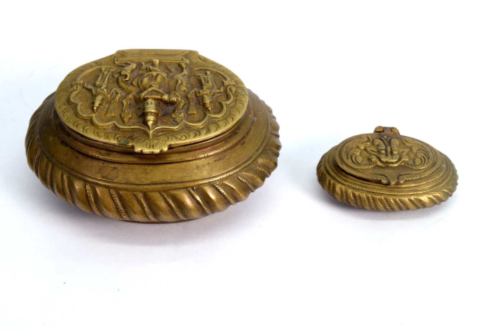 Extreme Old Antique God Figurative Brass Early Period Snuffs Boxes.  G53-520