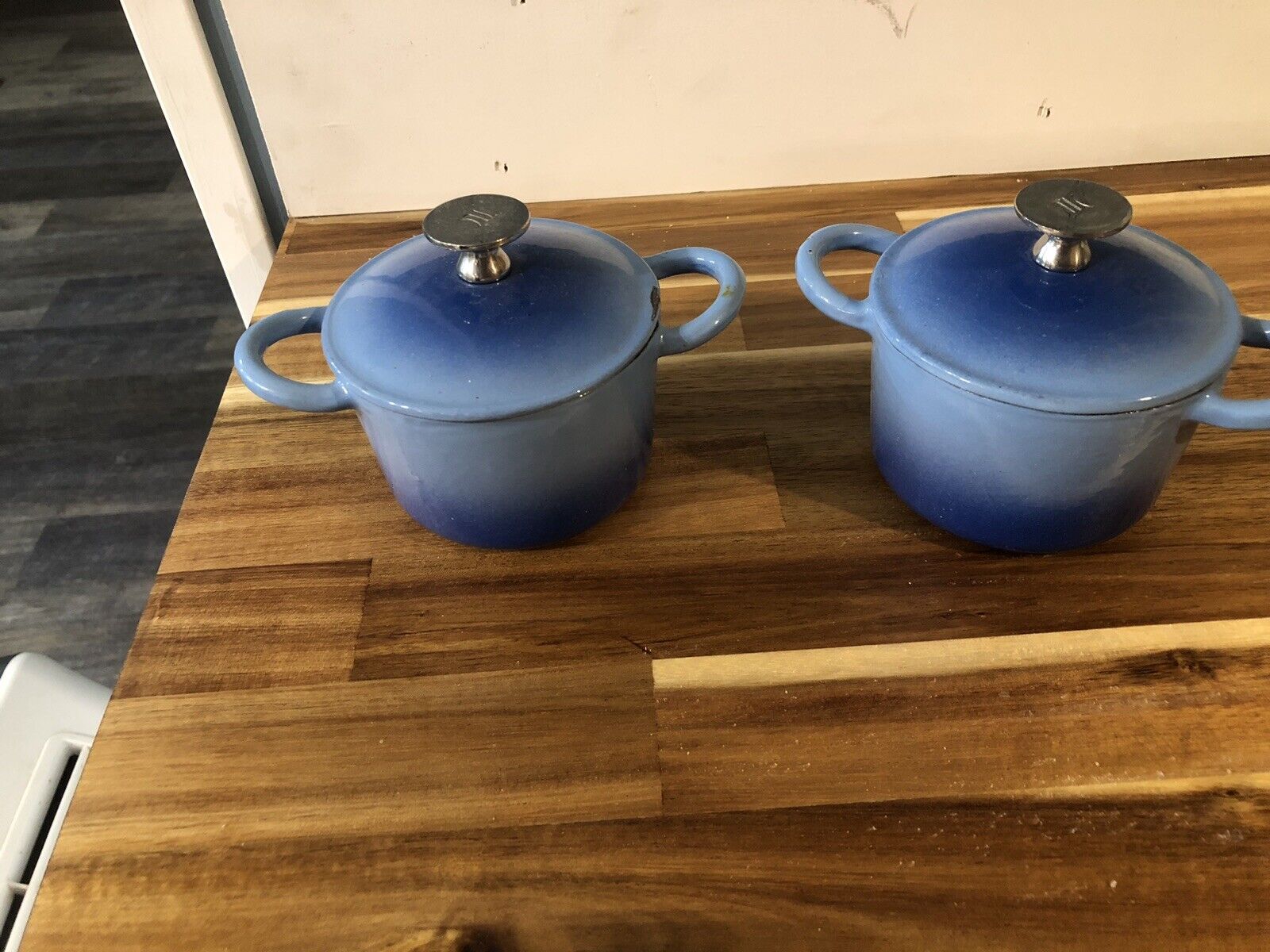Pair of Tim Love Collection Cast Iron Mini Pots, Blue Pots With White Inside
