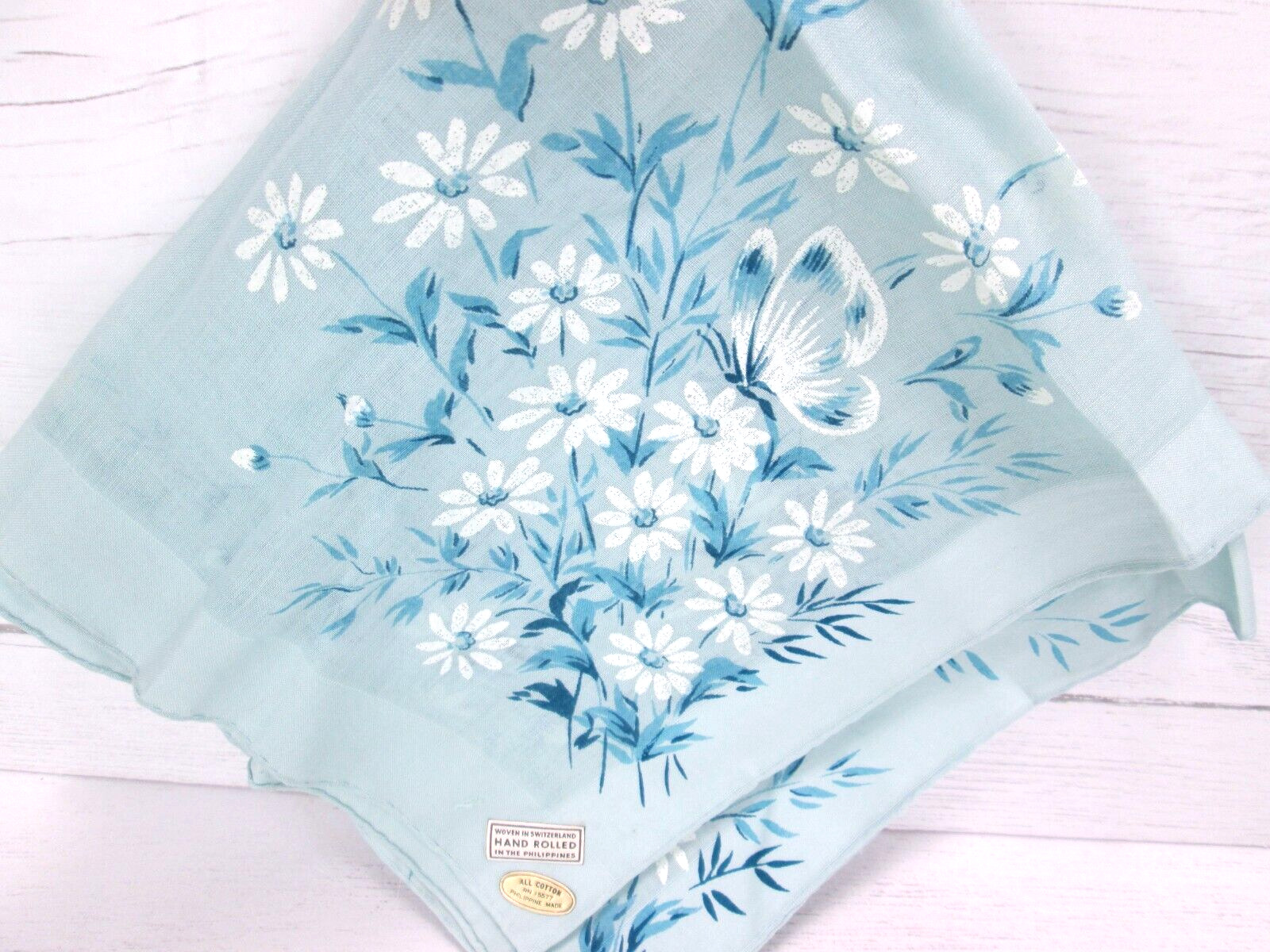 Vintage 70s Handkerchief Blue Daisy Floral Butterfly Cottagecore Boho Hand Print