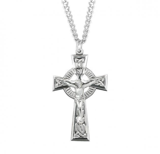 Engraved Sterling Silver Irish Celtic Crucifix Pendant Size 1.7in x 1.0in