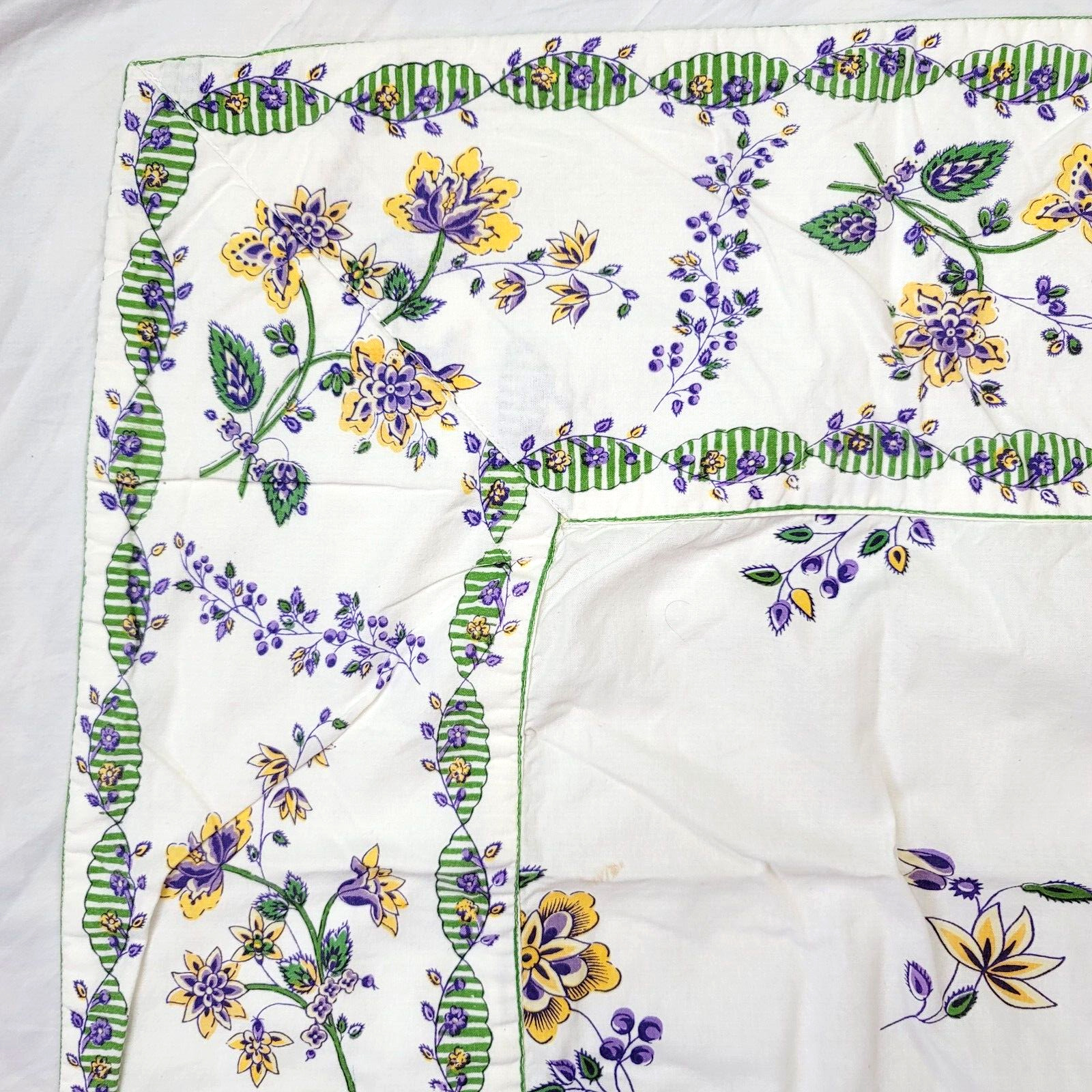 Vtg April Cornell Purple Yellow Floral Border Tablecloth Cotton 48x47 Spring