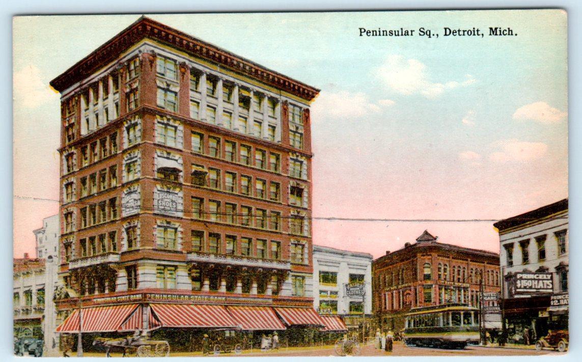 DETROIT, Michigan MI ~ Street Scene PENINSULAR SQUARE State Bank 1910s Postcard