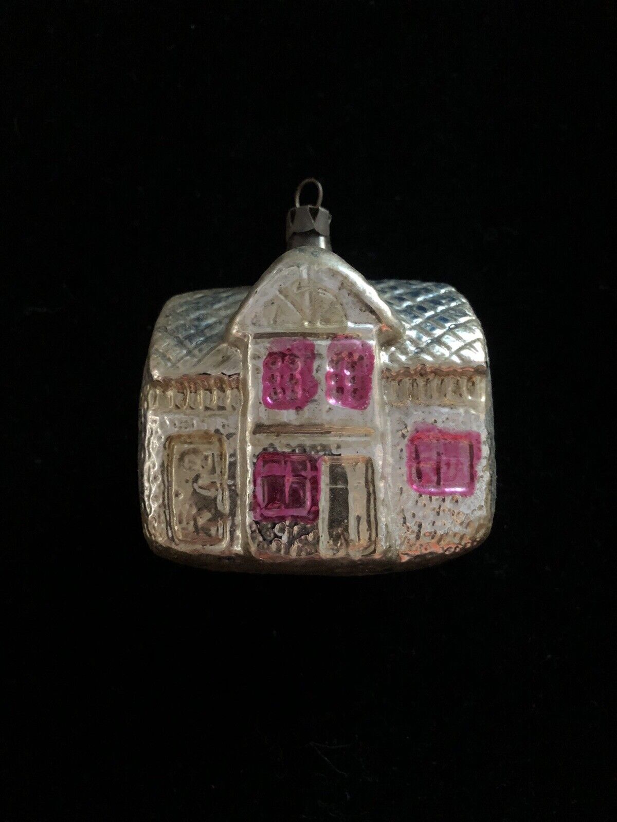 VINTAGE ANTIQUE HAND BLOWN MERCURY GLASS  CHRISTMAS HOUSE CABIN ORNAMENT- Small