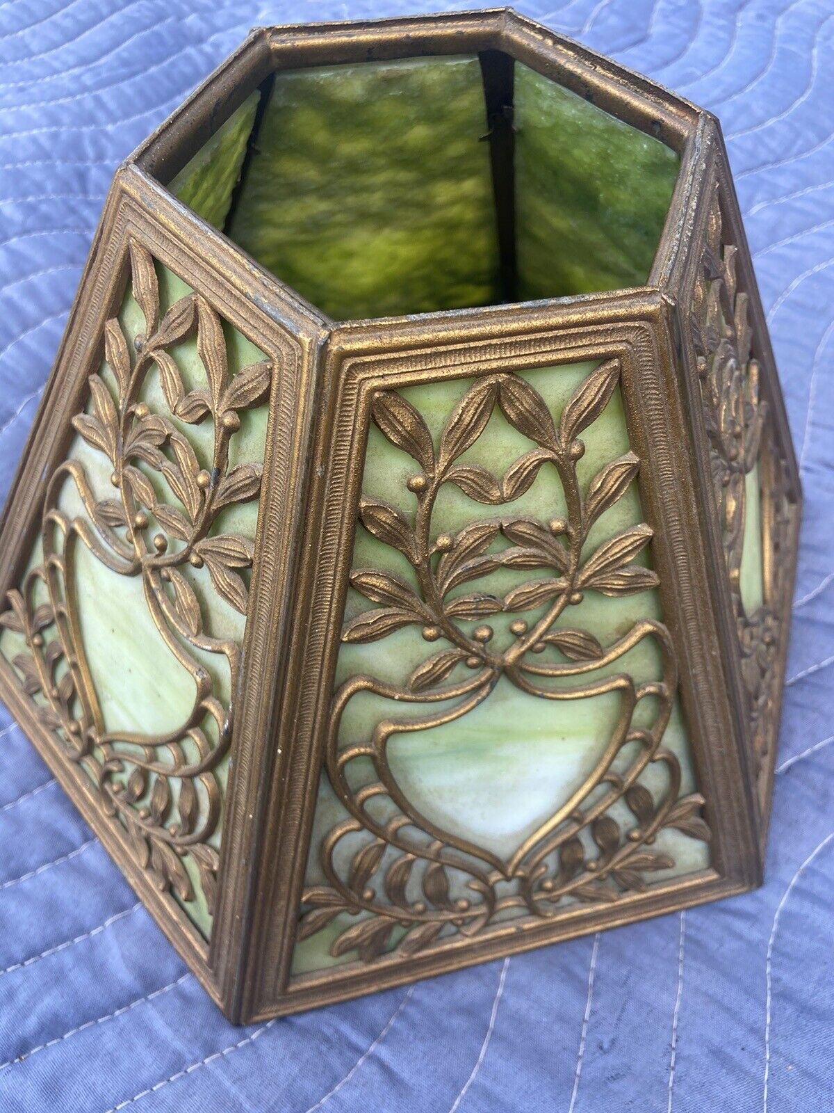 6 Sided Green LEADED STAINED SLAG GLASS SHADE for ART Nouveau Vntage