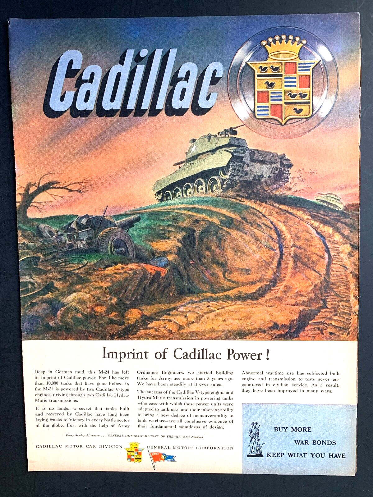 1945 Cadillac Print Ad 13in x10in WWII M-24 Tank Cadillac Power Buy War Bonds