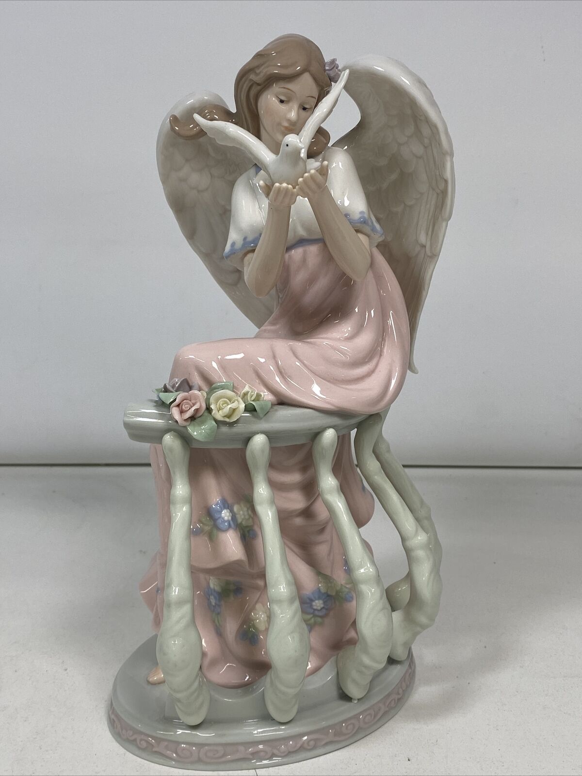 Vintage Members Mark OWell Angel Figurine Dressed in Pink on Balcony With Dove