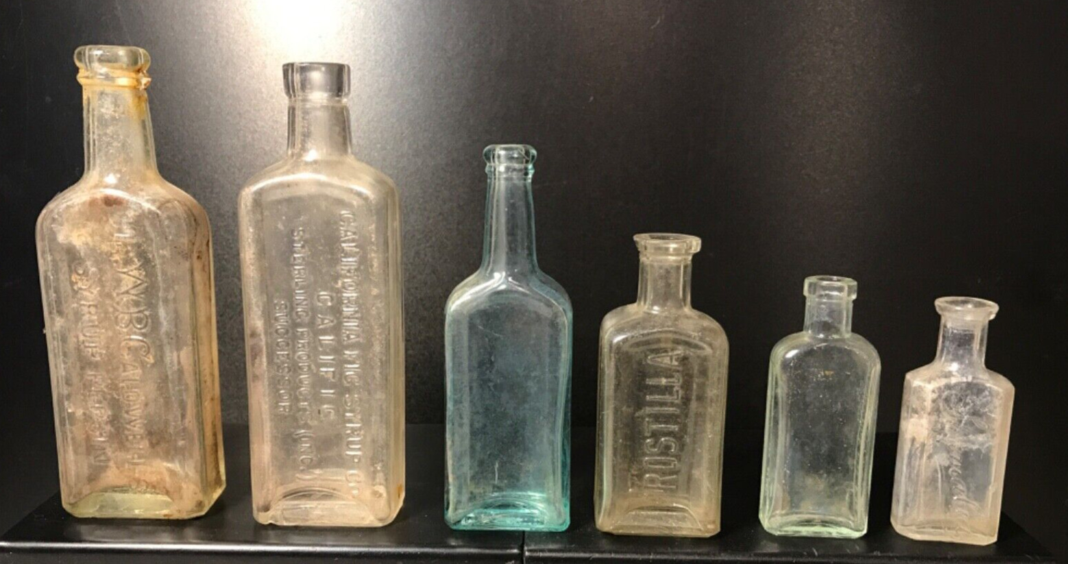7 Vintage Glass Old Bottles Various Types & Colors - Medicine, Syrup, Fragrance