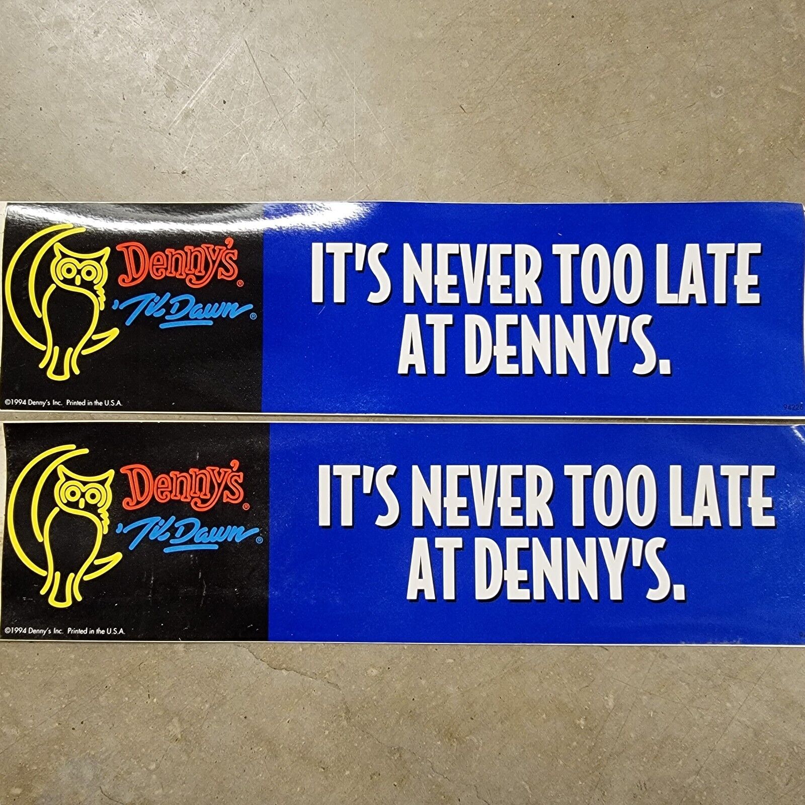 2 Vintage 90\'s 1994 Denny\'s Til Dawn Notebook Bumper Sticker 9-1/4 X 2-3/4\
