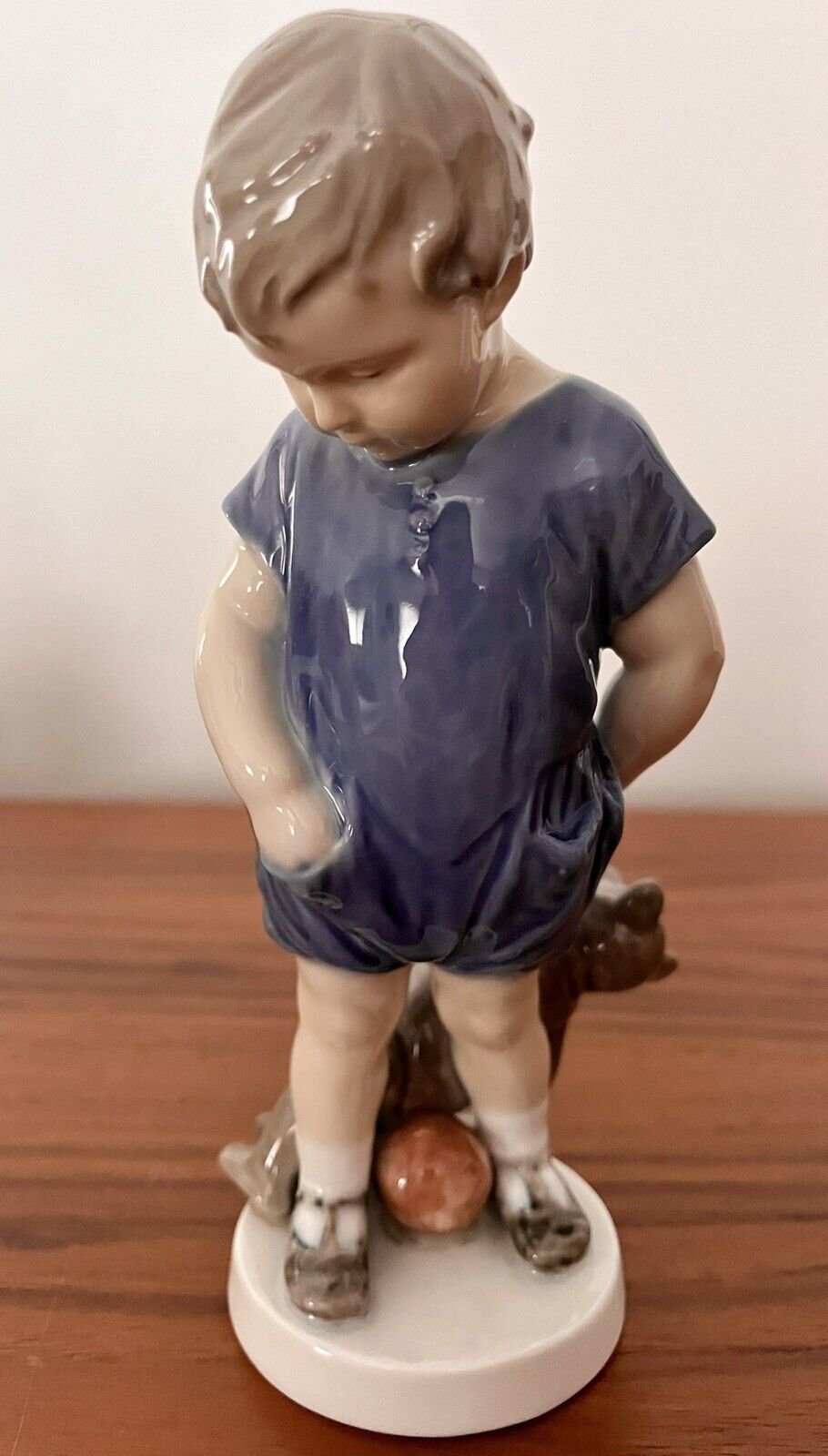 Vintage Royal Copenhagen Boy with Teddy Bear & Ball Porcelain Figurine
