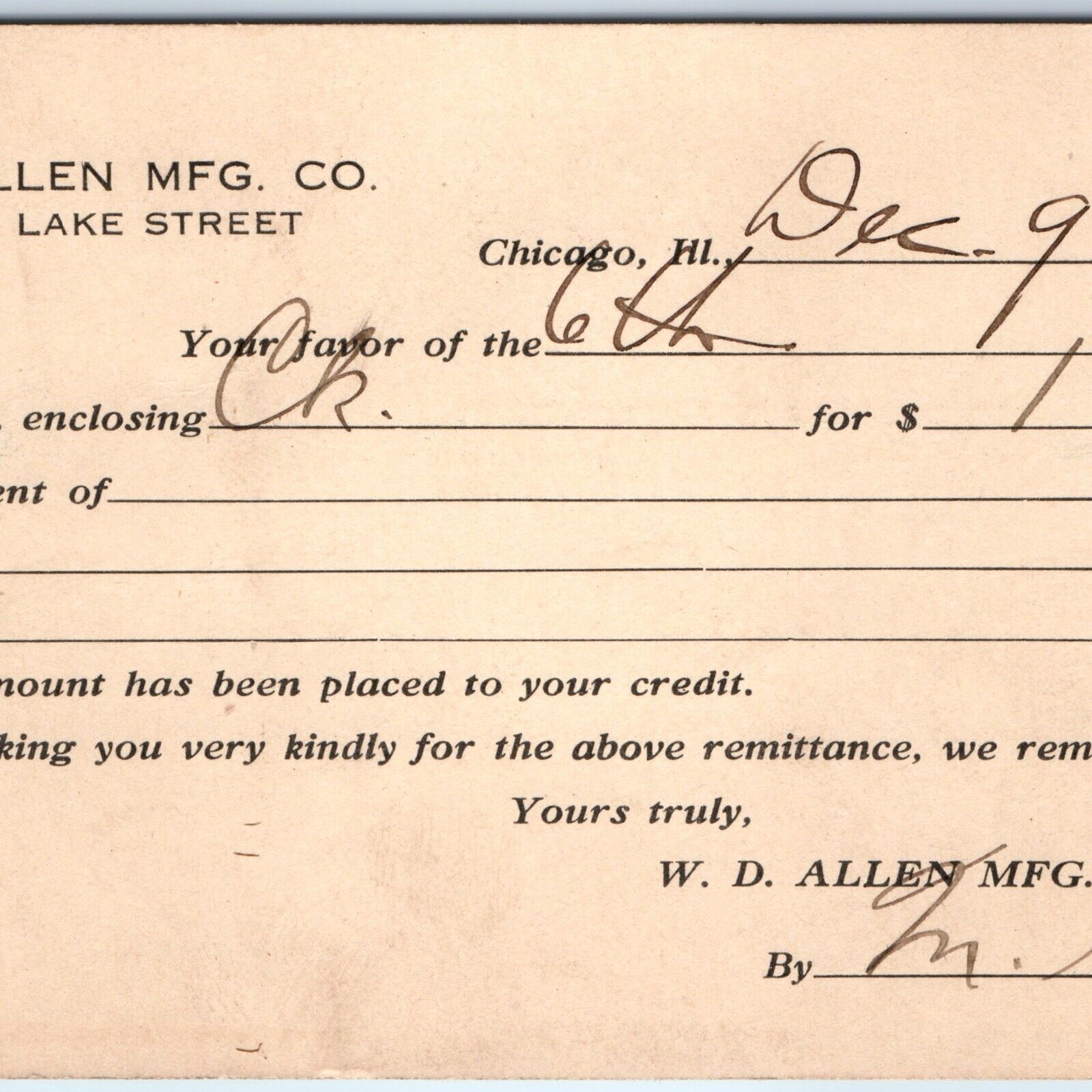 1915 Chicago, IL WD Allen Mfg Payment Invoice Receipt Form Postcard W.D ILL A169
