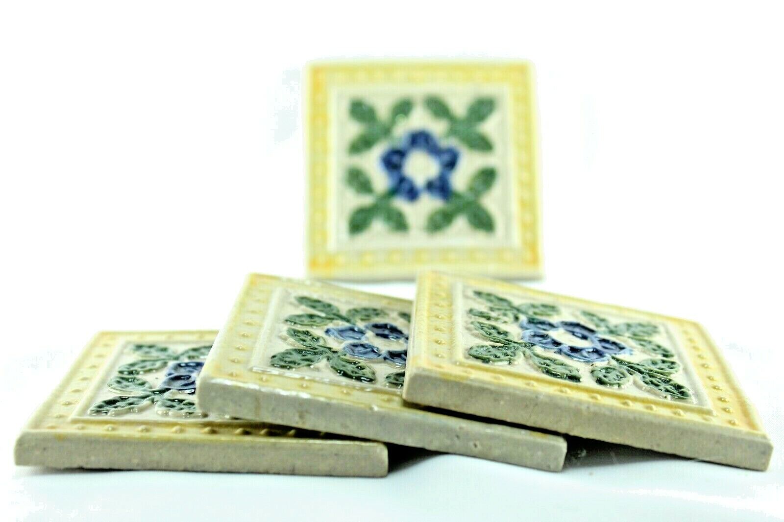 Antique Ceramic Tile Set: Vintage Victorian Majolica Art, Floral Design, 4 Pcs