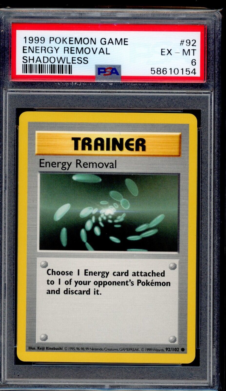 PSA 6 Energy Removal 1999 Pokemon Card 92/102 Shadowless Base Set