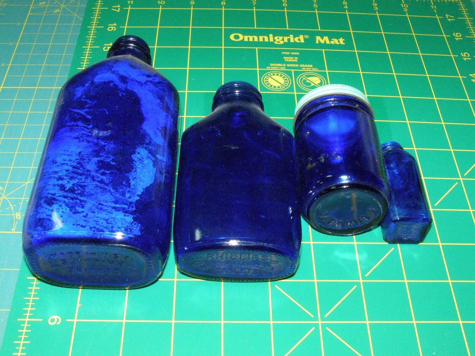 Vintage Blue Bottles - 4 Bottles - 1 w/ Lid - All in Good Shape