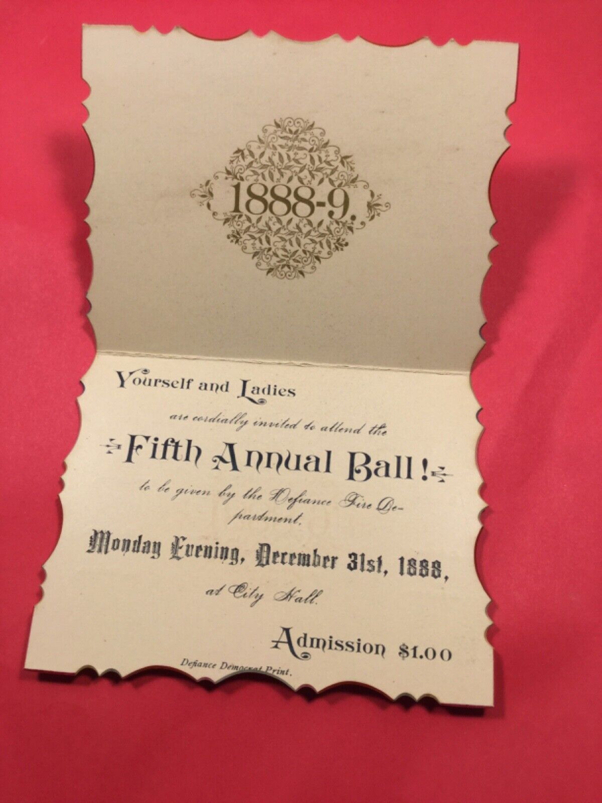 1880s Victorian Dance Ball Invitation Card 1888 Antique Ephemera Defiance Print