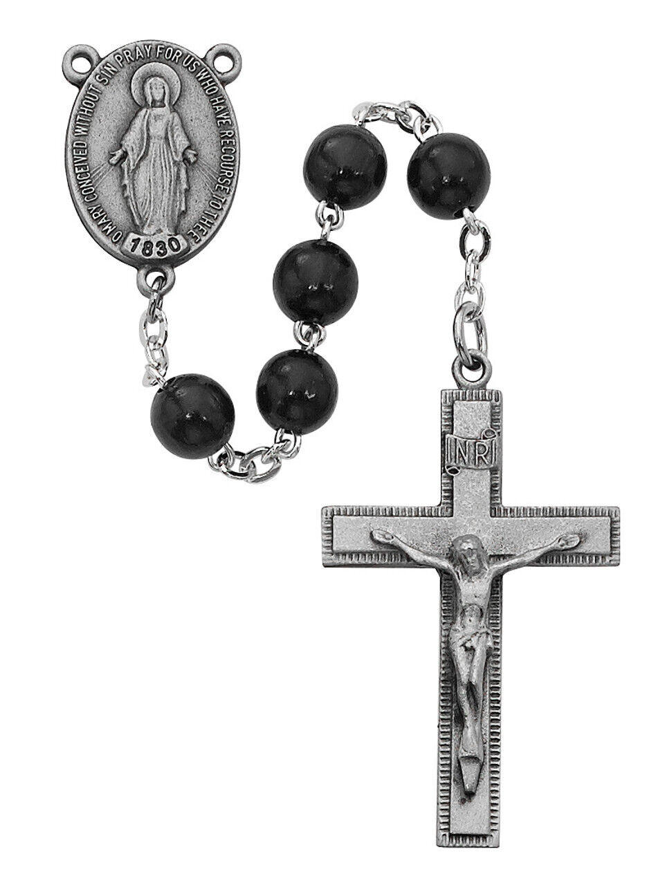 Black Wood Bead Rosary Sterling Silver Center And INRI Crucifix Christ 7mm Beads