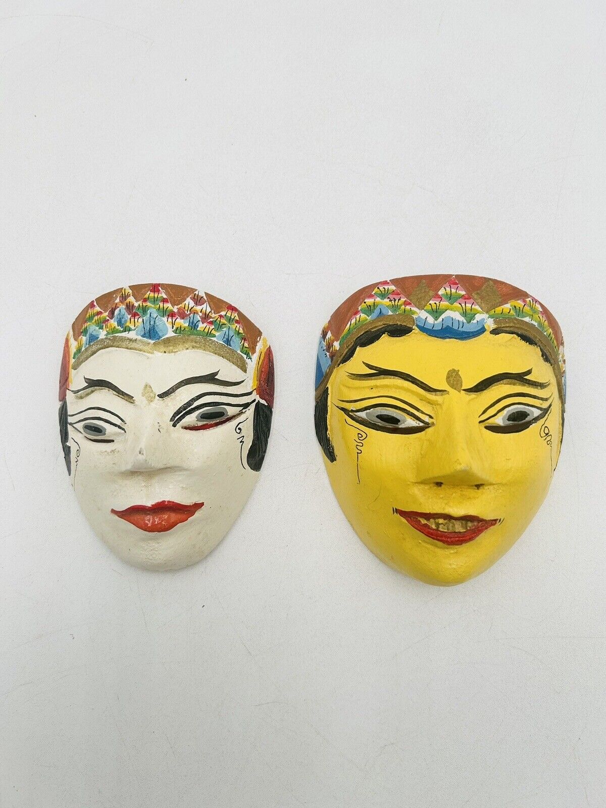 Vintage Asian Indonesian Lady Female Face Mask lot of 2 Handmade Handpaint Decor