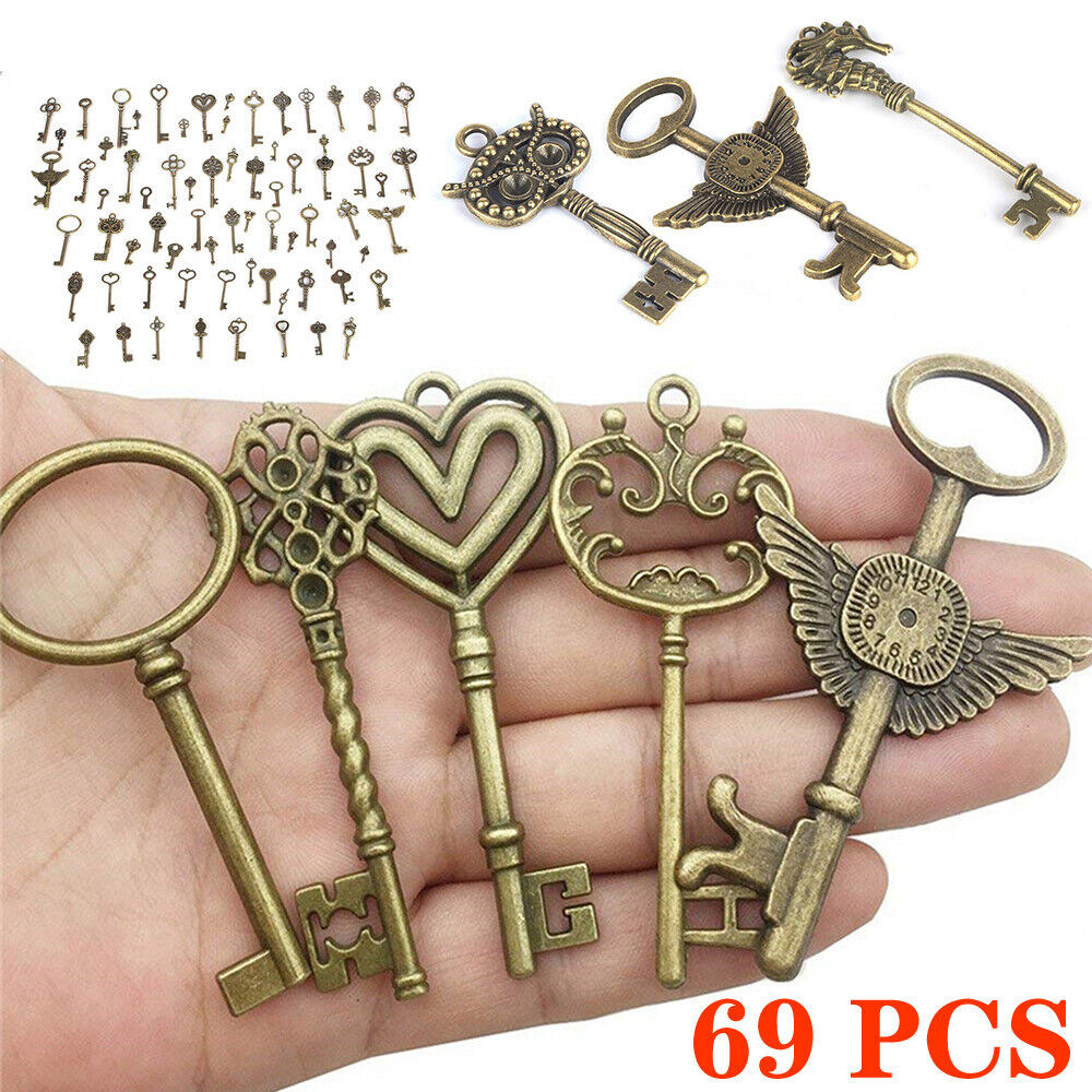 69Pcs Set Antique Vintage Old Look Ornate Skeleton Key Necklace Pendant Decor US