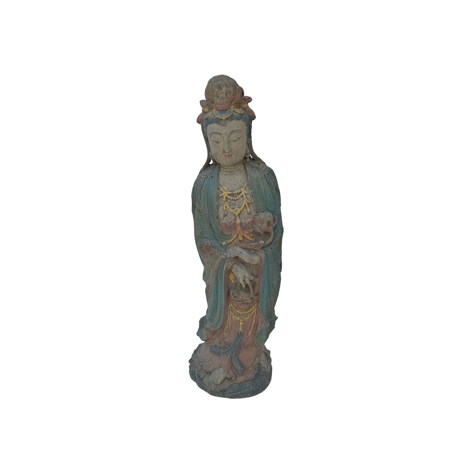 Vintage Rustic Wood Standing Bodhisattva Guan Yin Buddha Statue ws3590