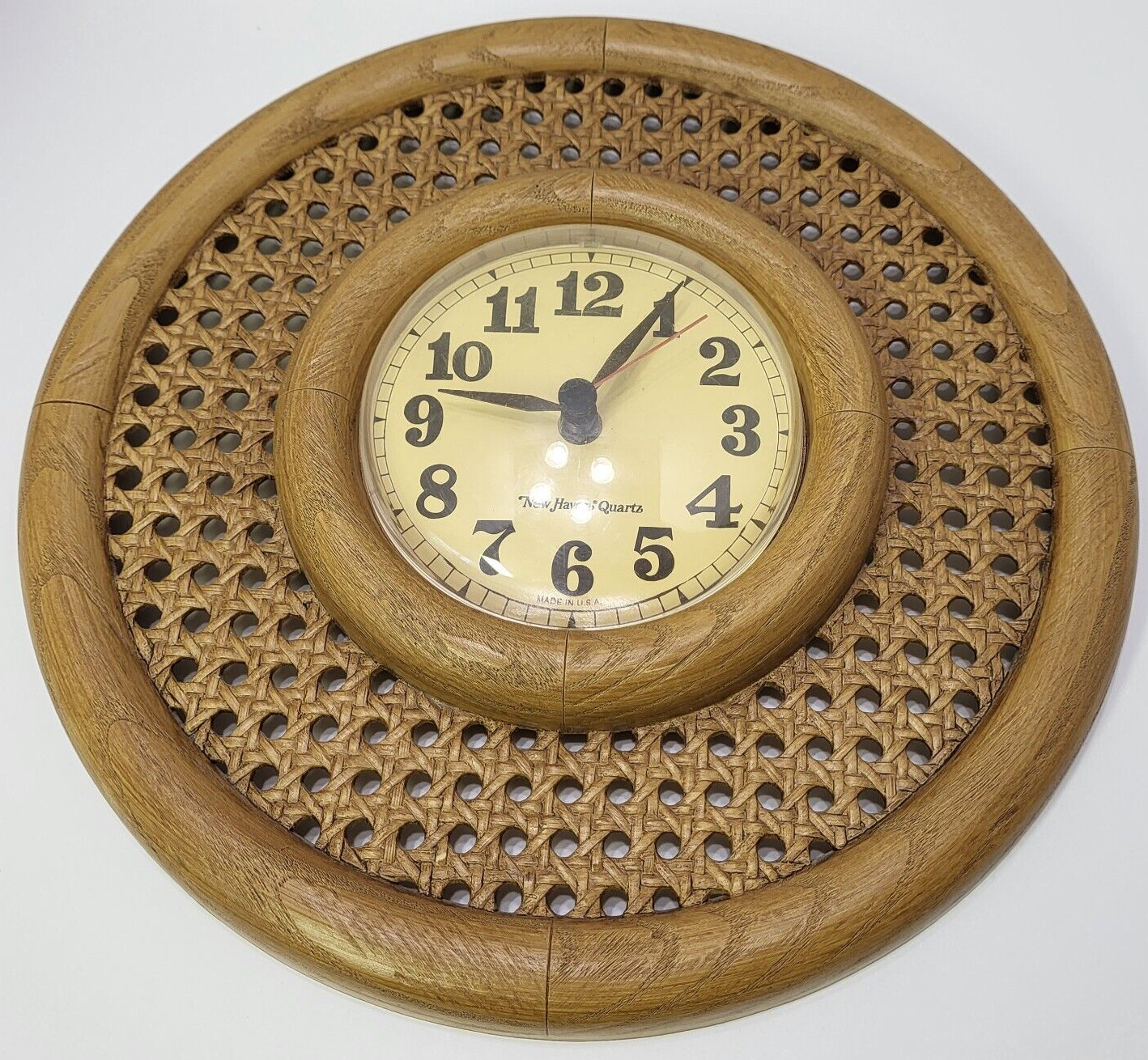 Retro Burwood Products MCM Boho Cane Wall Clock Round Cottagecore Vintage
