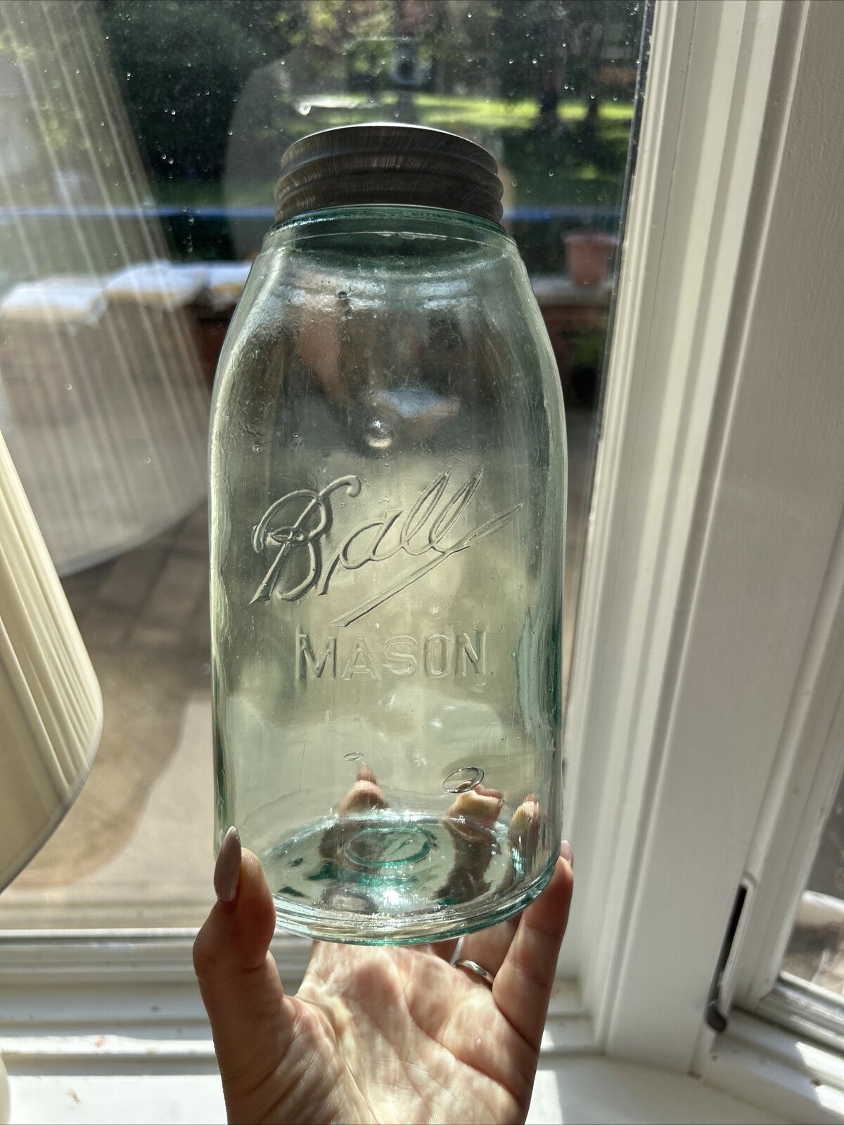 Vintage Ball Mason Jar Half Gallon Clear Blue Glass with Zinc Lid Collectible