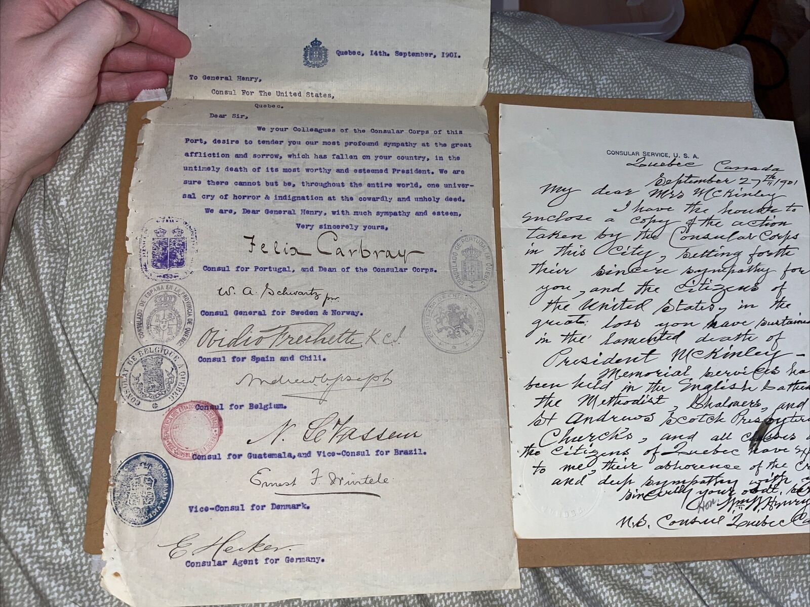Antique Letter from Quebec Canada Consular Service on McKinley Assassination