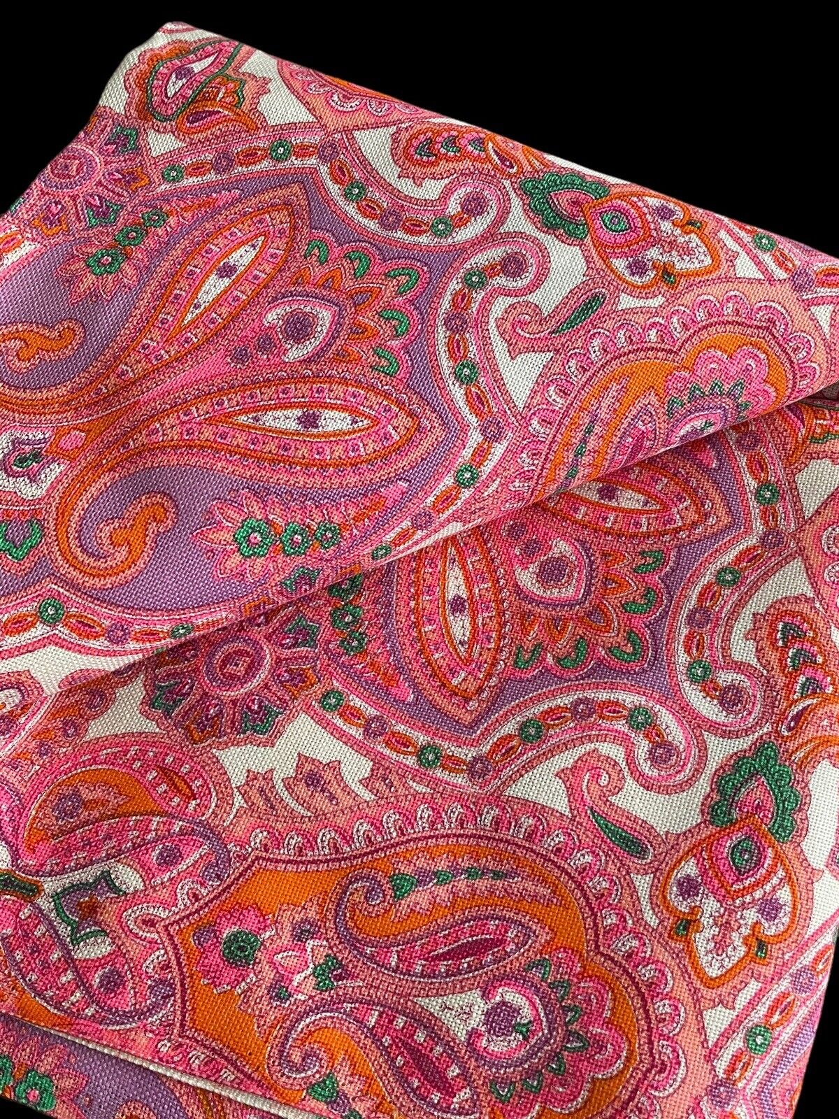 Vintage Fabric Mod Paisley Pink Orange Purple Hippie Print Heavy Linen 44”x72”