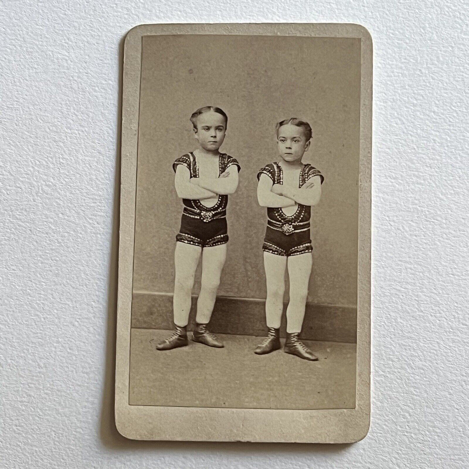 Antique CDV Photograph Adorable Boys Brothers Circus Gymnasts Acrobat NY